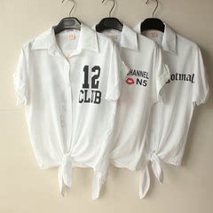 2015夏季polo印字短款纯棉衬衫打结绑带衬衣短袖蝙蝠衫人造棉文艺