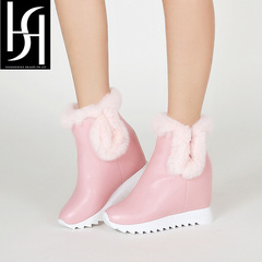 SH 雪地靴女冬季超高跟粉色短靴真皮 韩版坡跟绒里女靴子L16B