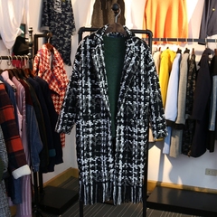 韩国羊毛呢子大衣秋冬季宽松时尚韩版加厚流苏中长款格子毛呢外套