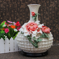 景德镇天驰陶瓷 手工编织花瓶现代高档工艺品瓷雕摆件 牡丹天球瓶