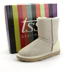 TSS冬季新款保暖雪地靴磨砂真皮羊毛中筒靴潮女靴子加厚格子棉靴