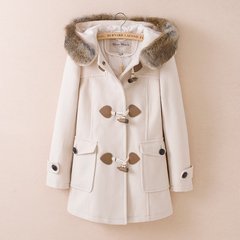 小熊维尼2016冬装新款韩版女装牛角扣大毛领连帽羊毛呢大衣外套女