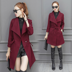 2016冬季新款韩版修身系带收腰显瘦时尚中长款羊毛呢子大衣外套女