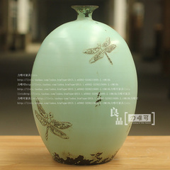 美式乡村浅蓝色蜻蜓台面花瓶仿古做旧蛋形小口高档装饰陶瓷花瓶