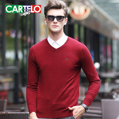 CARTELO/卡帝乐鳄鱼男士宽松小V领薄型纯羊毛套头纯色羊毛衫