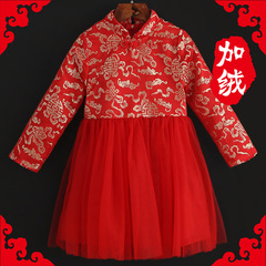 女童唐装新年装连主裙红儿童喜庆服中国风民族服冬季加绒厚演出服
