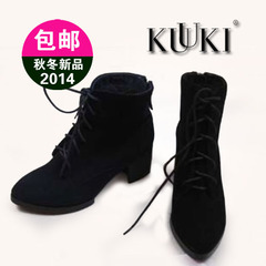 高琪专柜正品K45-64051W时尚系带尖头马丁靴粗跟女短靴