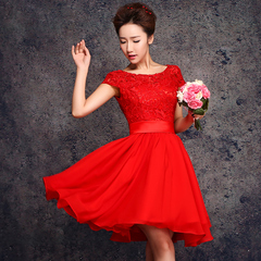 新娘结婚礼服敬酒服2016新款红色蕾丝晚礼服短款一字肩中袖短裙