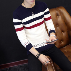 青少年学生毛衣男长袖圆领针织T恤韩版修身条纹休闲线衣薄款毛衣