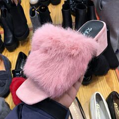 韩国东大门代购女鞋16冬季新款韩版甜美兔毛粗跟一字保暖百搭拖鞋