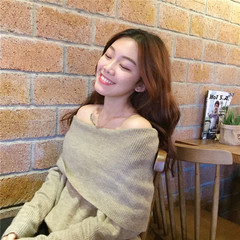 2017春季新款韩版一字肩大翻领保暖毛衣修身显瘦针织衫上衣