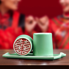 青玉轩 龙泉青瓷婚庆礼品手工雕刻带底座水杯 茶道两杯泡茶双喜杯