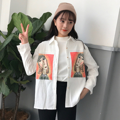 2017春装女装新款韩版卡通印花灯芯绒宽松长袖衬衫学生衬衣上衣潮