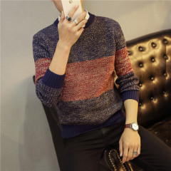 冬季男士毛衣韩版圆领针织衫青少年修身毛线衣撞色保暖大码羊毛衫