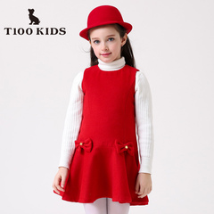 T100童装冬季女童红色连衣裙韩版儿童毛呢公主裙女孩裙子F4335610