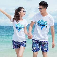 沙滩情侣装夏装蜜月海边度假套装男女短袖t恤潮韩版印花上衣半袖