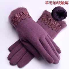 颜途秋冬羊毛灰色保暖手套 手机触摸屏加绒加厚粉紫色女士手套