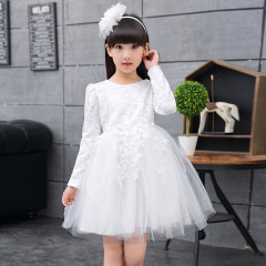女童秋装长袖公主连衣裙儿童中大童演出礼服白色花童蕾丝蓬蓬纱裙