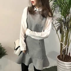 韩国新款韩剧少女甜美学院收腰假两件雪纺衬衫毛呢子连衣裙A型女