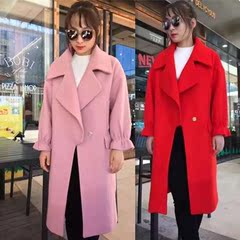 2016秋冬装新款宽松茧型羊毛呢外套韩版中长款学生粉色呢子大衣女