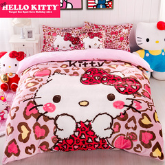 正版授权 Hello Kitty凯蒂猫加厚保暖kt法莱绒四件套珊瑚绒套件