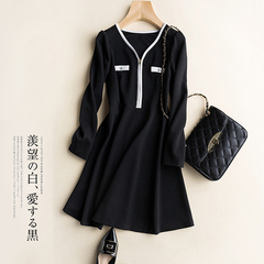 2017春季新款韩版女装 修身显瘦长袖打底裙春装黑色连衣裙潮