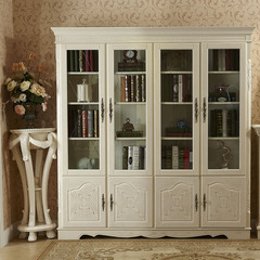 欧式书房家具 实木书柜  白色田园风格 开放漆 仿古白 四门玻璃