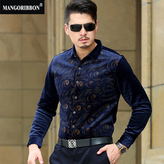 mangoribbon新款冬季加绒男士长袖衬衫 中年男士加绒保暖衬衣