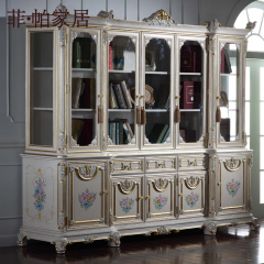 韩式浪漫家具实木雕刻柜子欧式玻璃门组合书柜储物柜书架家具书柜