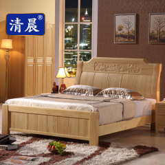 清晨松木大床简约现代中式卧室家具纯实木床原木色中式雕花实木床