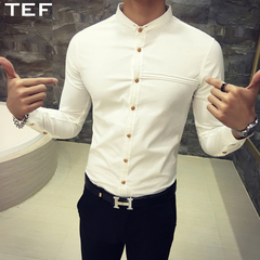 时尚青年长袖衬衫男士秋装英伦白色修身韩版衬衣纯色休闲潮男寸衣
