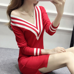 2016秋冬新款性感V领条纹针织连衣裙红色修身长袖海军风毛衣裙子