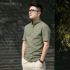 中国风男装亚麻衬衫男夏季短袖修身上衣宽松纯色薄款中式棉麻T恤