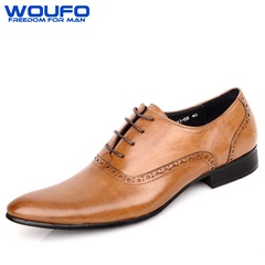 WOUFO韩版修身尖头系带潮流复古商务正装皮鞋牛津鞋真皮正品
