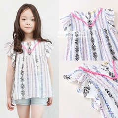韩国童装2016夏季新品全棉印花儿童女童背心荷叶袖上衣