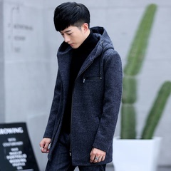 冬季新款毛呢大衣男士中长款青年连帽休闲韩版修身羊毛呢子外套男