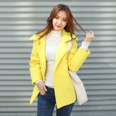 2016秋冬韩版新款黄色短款宽松羊毛呢大衣双排扣长袖方领外套