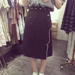 2016夏季新款女高腰铆钉中长款A字裙过膝人头特殊半身裙显瘦韩国