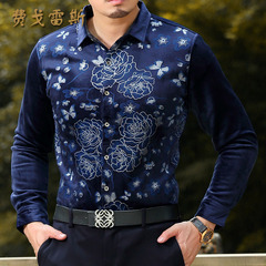 男装秋冬季新款个性男士衬衣时尚金丝绒加绒加厚修身印花保暖衬衫