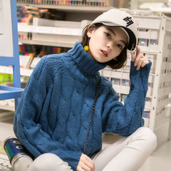 2016韩版新款蓝色高领毛衣女秋冬套头宽松加厚粗线麻花打底衫学生
