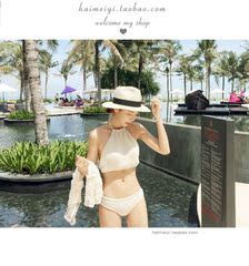 韩国新款bikini温泉保守聚拢显瘦沙滩度假针织比基尼游泳衣女