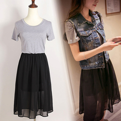 韩版女夏季短袖灰色短袖T恤拼接黑色中波西米亚长裙连衣裙连体裙