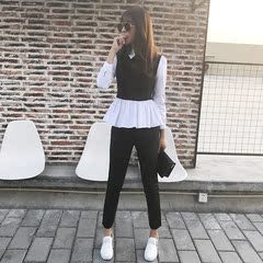 2017春装新款韩版女装条纹长袖荷叶边衬衫长裤两件套时尚套装裤潮
