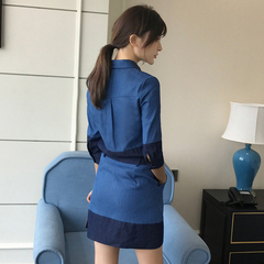 韩版女装2017新款春装拼接牛仔衬衫包臀半身裙两件套时尚套装裙潮