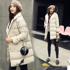 2016冬季韩版新款棉衣女中长款修身显瘦羊羔毛领拼接棉服棉袄外套