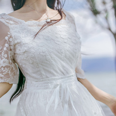 夏季新品文艺修身显瘦蕾丝白色连衣裙刺绣蕾丝复古森系气质长裙仙