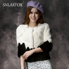 海宁皮草新款 韩版时尚女式撞色獭兔绒毛外套七分袖短款正品