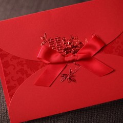 唯思美中式红请柬个性定制喜贴请帖婚礼邀请卡结婚蝴蝶结创意喜帖
