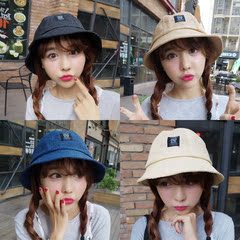 韩国代购英伦贴布亚麻盆帽可折叠渔夫帽子女可爱潮休闲纯色遮阳帽
