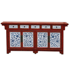 红色古典青花瓷彩绘条案台实木平头 仿古做旧餐边碗橱柜供桌家具